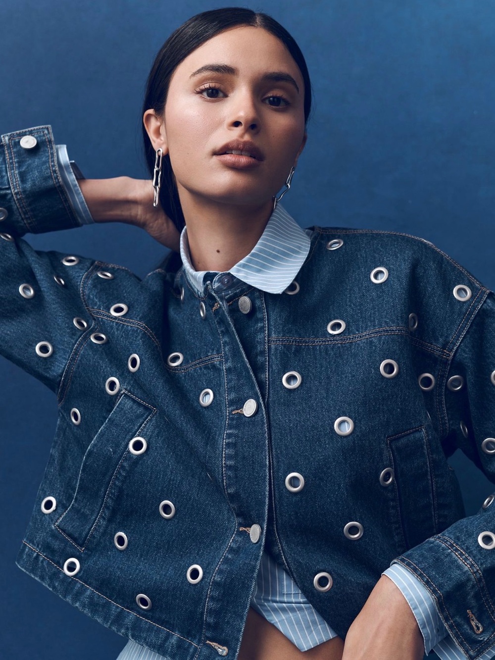Anthropologie Blank NYC Collarless Cropped Denim Grommet Detail Jacket